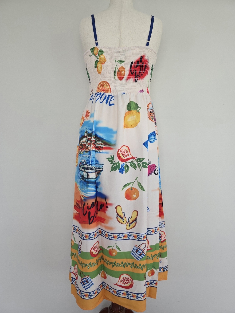 Peach Printed Maxi Dress with Smocked Bodice and Blue Straps Size XL - Picture 3 of 9
